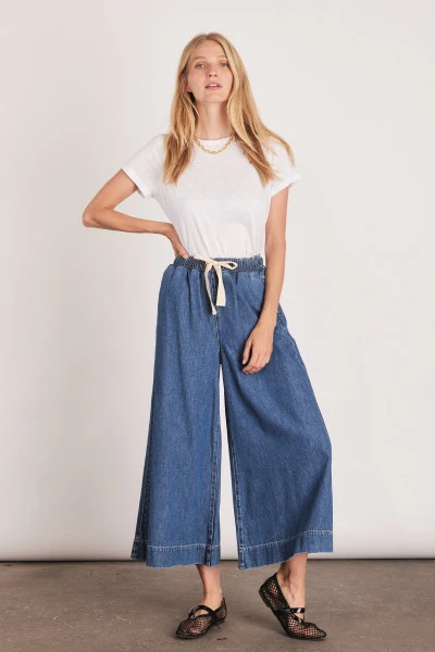 Flare Cropped Drawstring Pant in Mid Blue