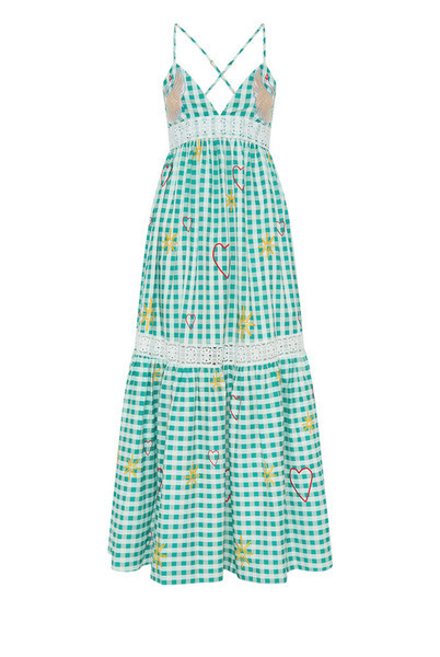 Swan Embroidered Check Slip in Green