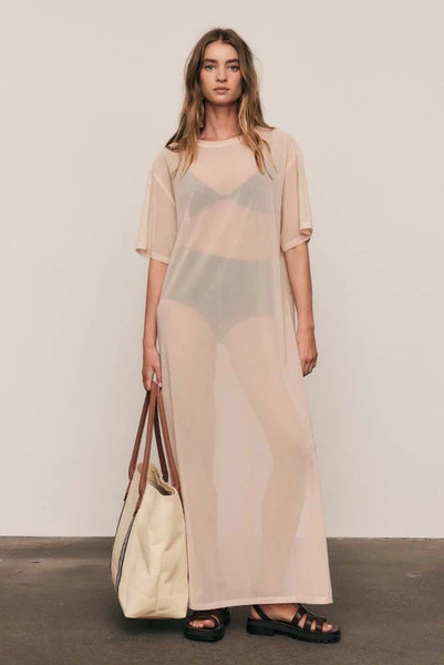 Mesh Tee Dress in Buff