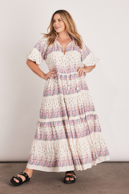 Parker Ruffle Neck Midi Dress in Cream Floral