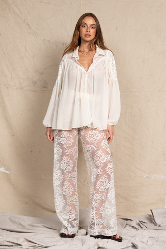 Lace High Waist Pant in Cream