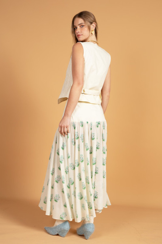 Lace-Up Yoke Midi Skirt in Cream