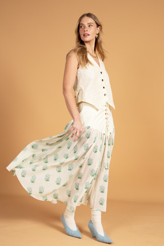 Lace-Up Yoke Midi Skirt in Cream