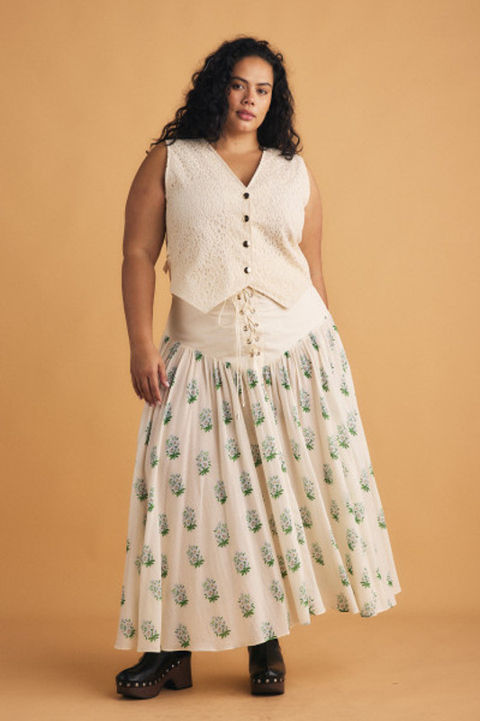Lace-Up Yoke Midi Skirt in Cream Lace-Up Yoke Midi Skirt in Cream