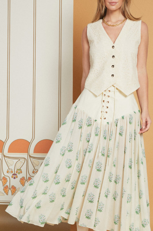 Lace-Up Yoke Midi Skirt in Cream