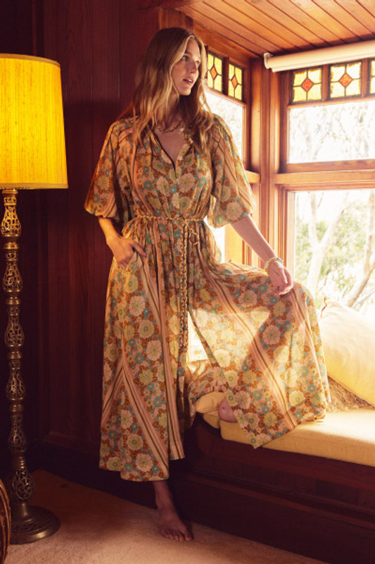 Mabel Pleated Neck Midi Dress in Coral