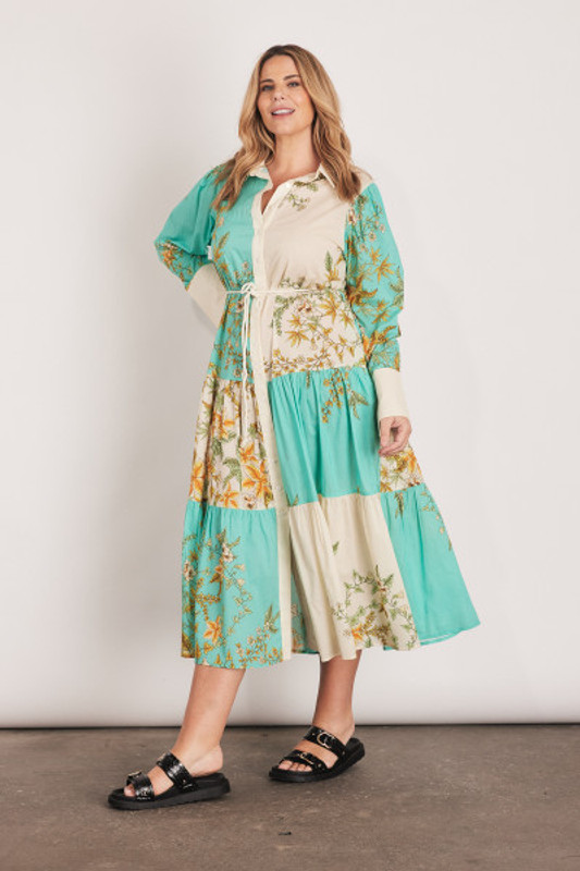 Saarinen Tiered Shirt Dress in Aqua Splice