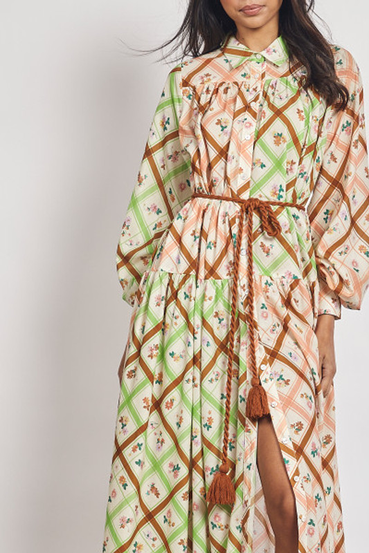 Tartan Billow Sleeve Maxi in Cream Check
