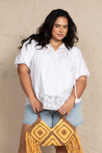 Applique Smock Blouse in White