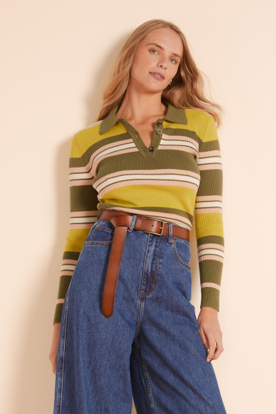POLO STRIPE HENLEY TOP IN OLIVE