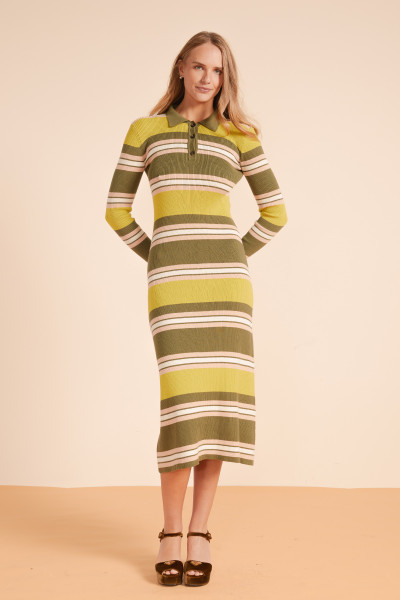 POLO STRIPE HENLEY DRESS IN OLIVE
