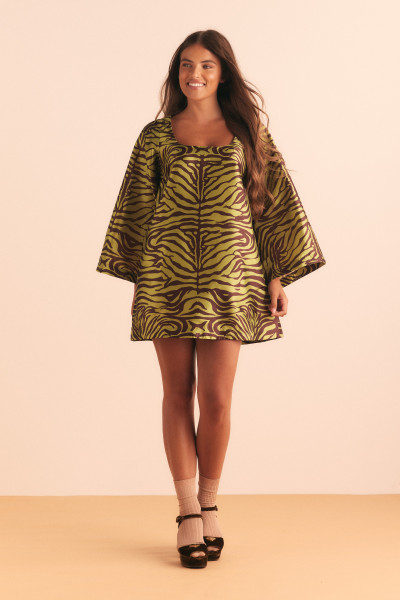 ZEBRA SHIFT MINI DRESS IN OLIVE