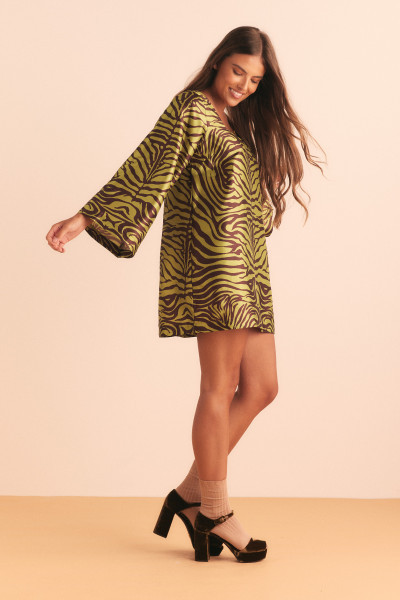 ZEBRA SHIFT MINI DRESS IN OLIVE