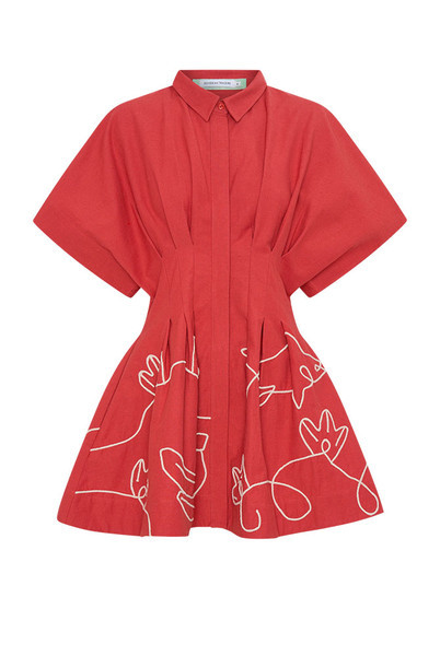 Pleated Mini Shirt Dress in Red