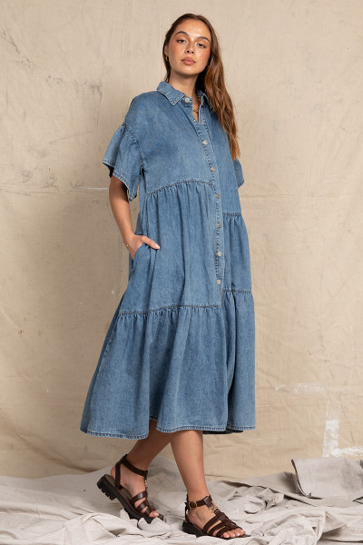 Genoa Denim Midi Dress in Mid Blue
