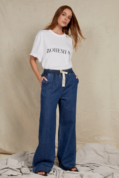 Elastic Waist Pant in Mid Blue