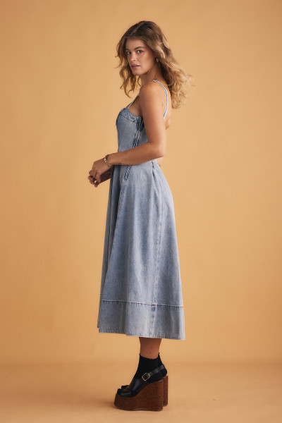 Kylie Flared Denim Dress in Ice Blue