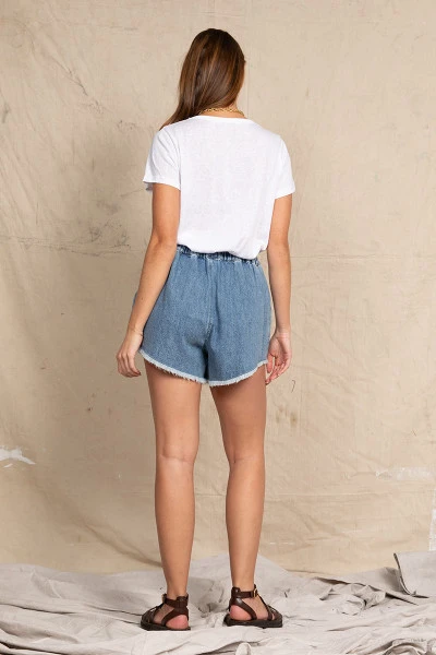 Denim Short with Draw-string Waist in Mid Blue