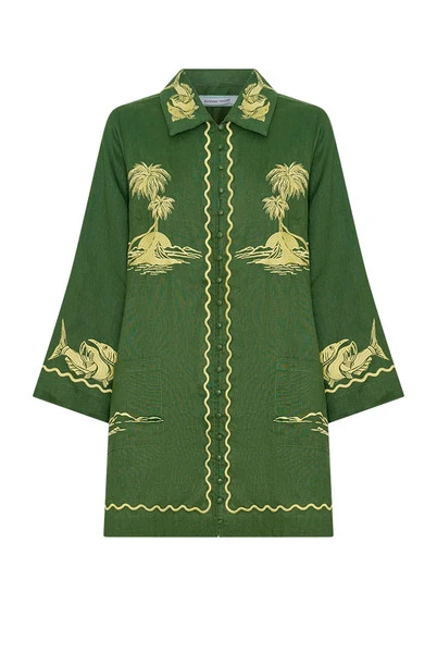 Embroidered Shirt Dress in Jungle Green