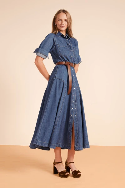 DENIM MAXI DRESS IN MID BLUE