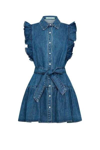 Denim Batwing Mini Dress in Mid Blue