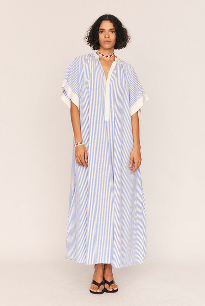 Maxi Smock Dress in Blue and White Stripe