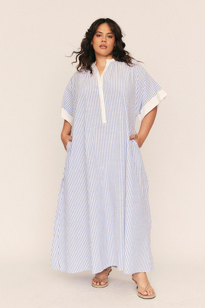 Maxi Smock Dress in Blue and White Stripe
