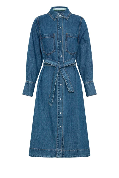 Denim Midi Shirt Dress in Mid Blue
