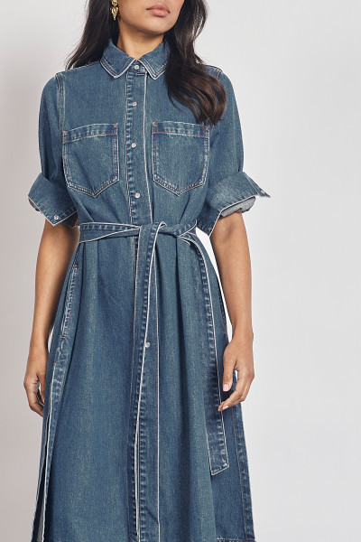 Denim Midi Shirt Dress in Mid Blue