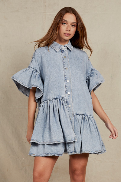 Denim Genoa Mini Dress in Ice Blue
