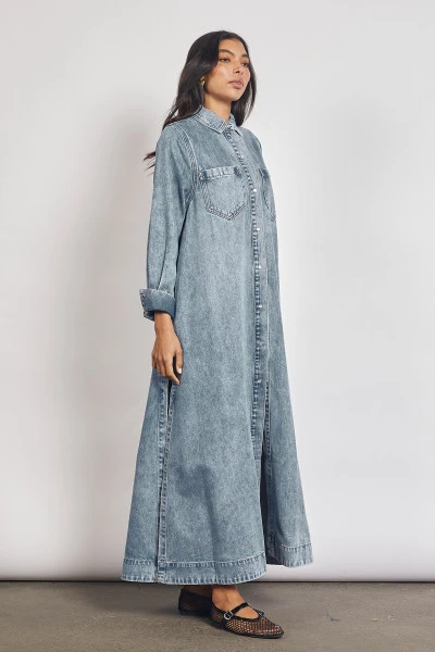 Denim Maxi Shirt Dress in Ice Blue