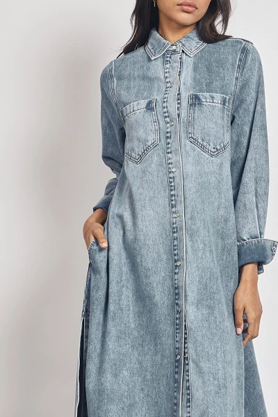 Denim Maxi Shirt Dress in Ice Blue