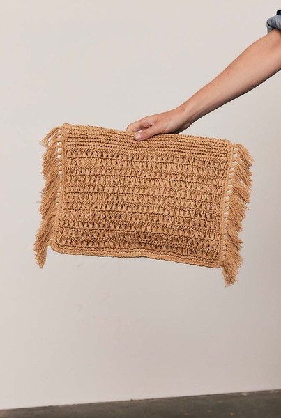 Raffia Fringed Clutch Bag in Straw