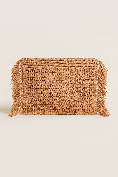 Raffia Fringed Clutch Bag in Straw