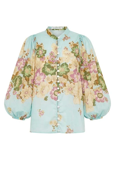 Alma Puff Sleeve Blouse in Blue