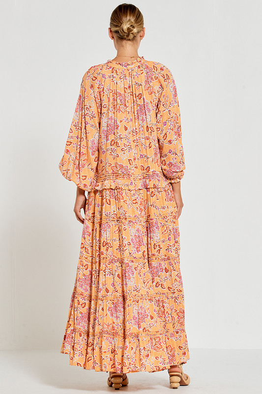 Ruffle Neck Tiered Maxi Dress With Pin Tucks In Sherbet Multi