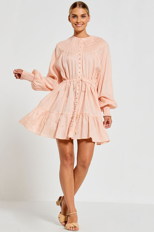 Shirred Yoke Mini Dress In Pink