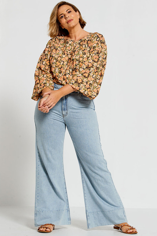 Gathered Blouse With Angled Yoke In Garden Floral