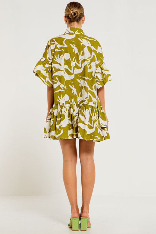 Genoa Mini Dress in Palm Green Abstract Motif