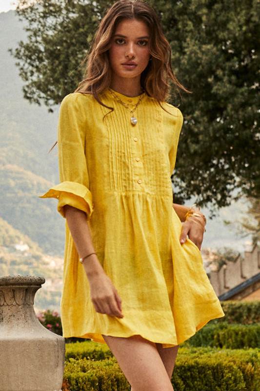 Billow Sleeve Pin-Tuck Mini Dress in Yellow