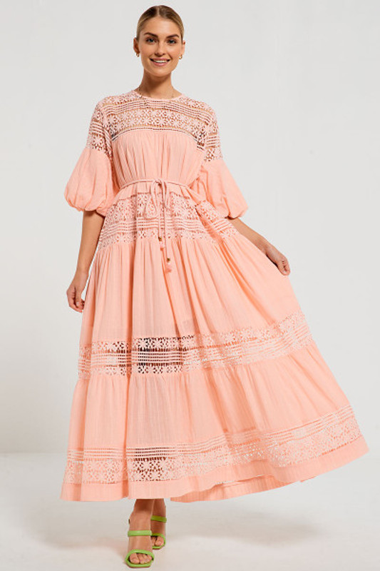 Billow Sleeve Chloe Midi Dress in Peach