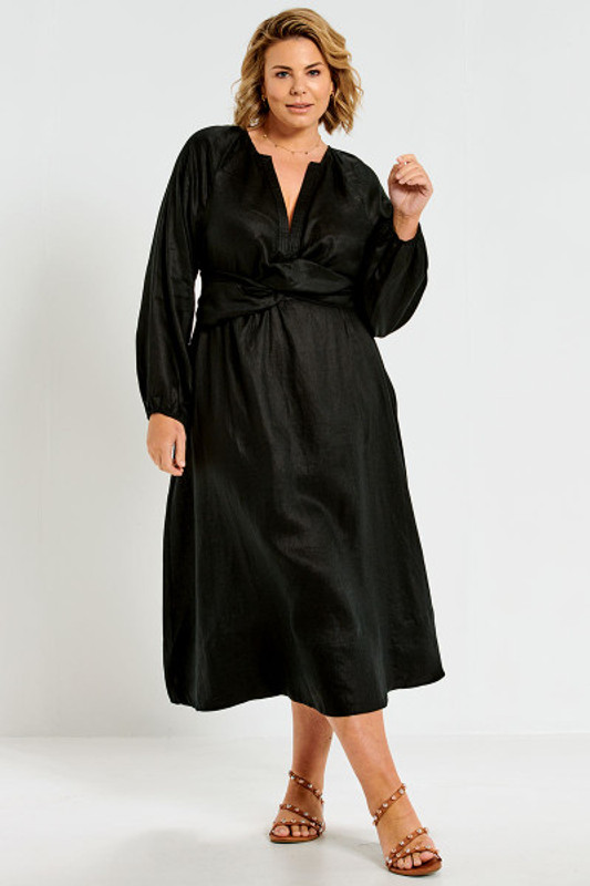 Twist Waistband Maxi Dress in Black Linen