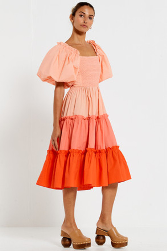 Balloon Sleeve Midi Dress in Peach Colour Block