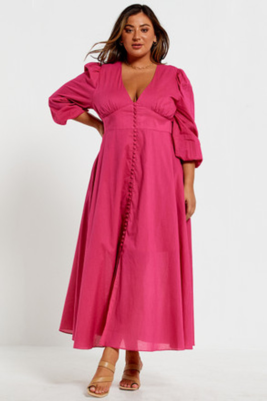 V Neck Button Front Maxi Dress in Fuchsia