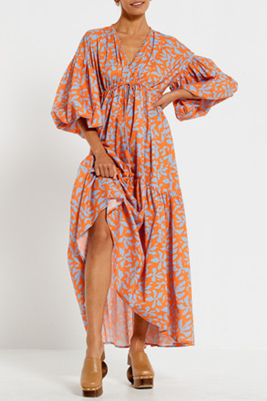Billow Sleeve Maxi Dress in Sea Floral