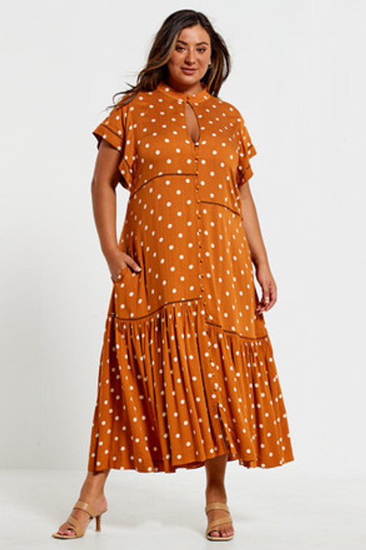 Lattice Midi Dress in Brown Dot