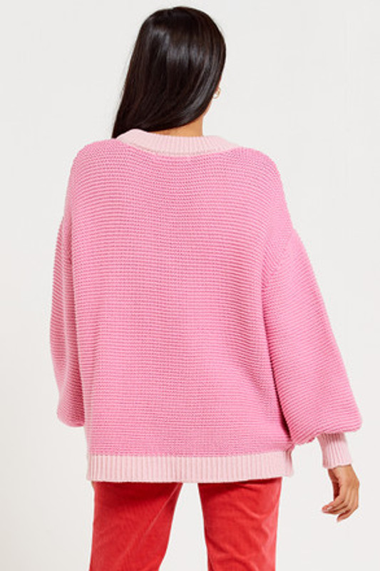 Crew Neck Billow Sleeve Knit Sweater in Tonal Pink