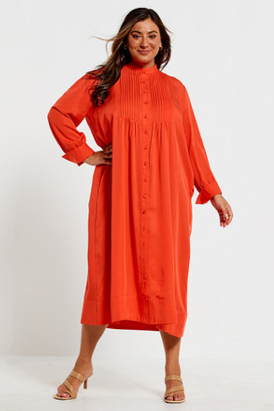 Long Sleeve Tux Bib Midi Dress in Blood Orange