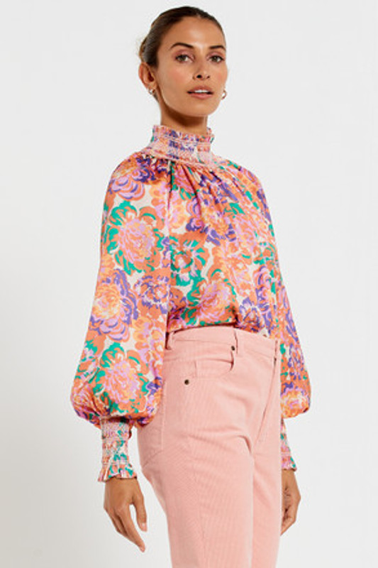 Shirred Neck Top in Peony Floral