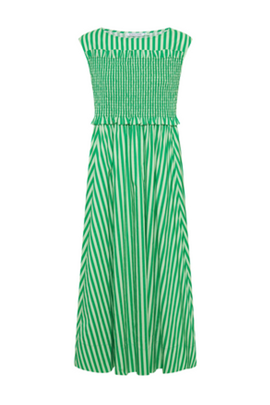 Sleeveless Shirred Bodice Midi Dress in Tonal Jade